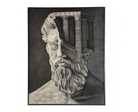 Surrealistický obraz s motívom antickej busty muža a gréckych stĺpov v hlave v monochromatických tónoch sivej s čiernym rámom