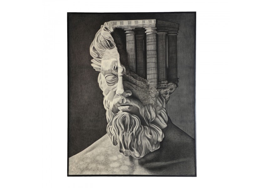 Surrealistický obraz s motívom antickej busty muža a gréckych stĺpov v hlave v monochromatických tónoch sivej s čiernym rámom
