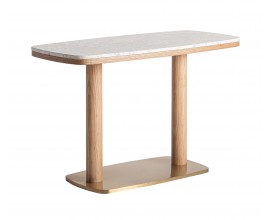 Luxusný glamour obdĺžnikový barový stôl Crtuy s bielou terrazzo doskou so zlatou podstavou a svetlým dubovým drevom 120 cm