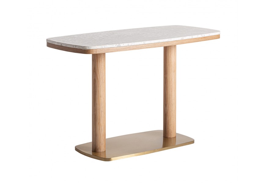 Luxusný glamour obdĺžnikový barový stôl Crtuy s bielou terrazzo doskou so zlatou podstavou a svetlým dubovým drevom 120 cm