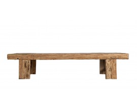 Koloniálny obdĺžnikový konferenčný stolík Maderas z masívneho teakového dreva v hnedom prírodnom odtieni s viditeľnou štruktúrou a nožičkami so spojnicou