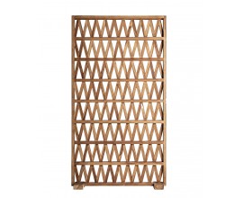Rustikálny ručne vyrobený paraván Tejara z masívneho teakového dreva v prírodnej hnedej farbe s prelamovaným geometrickým vzorom a dvojicou nôh s trojuholníkovým vzorom