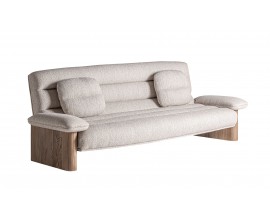 Luxusná art deco obdĺžniková trojmiestna sedačka Jacque s béžovým poťahom s valcovým prešívaním a dubovým hnedým rámom 235 cm