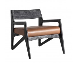 Luxusné moderné kreslo Arthen s čiernou drevenou konštrukciou a hnedým koženým čalúnením s geometrickými opierkami 70 cm