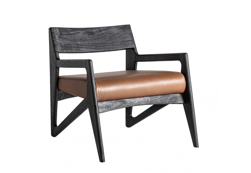 Luxusné moderné kreslo Arthen s čiernou drevenou konštrukciou a hnedým koženým čalúnením s geometrickými opierkami 70 cm