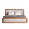 Luxusná moderná béžová manželská posteľ Bilar z hnedého akáciového dreva s čalúneným čelom a oblými hranami 220 cm