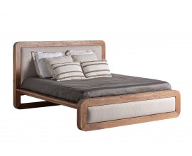 Luxusná moderná béžová manželská posteľ Bilar z hnedého akáciového dreva s čalúneným čelom a oblými hranami 220 cm