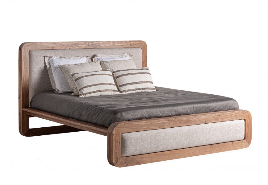 Luxusná moderná béžová manželská posteľ Bilar z hnedého akáciového dreva s čalúneným čelom a oblými hranami 220 cm