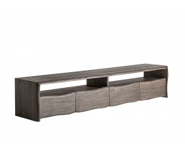 Luxusný moderný obdĺžnikový TV stolík Laro z hnedého akáciového dreva s vlnitým čelom a štyrmi zásuvkami 230 cm