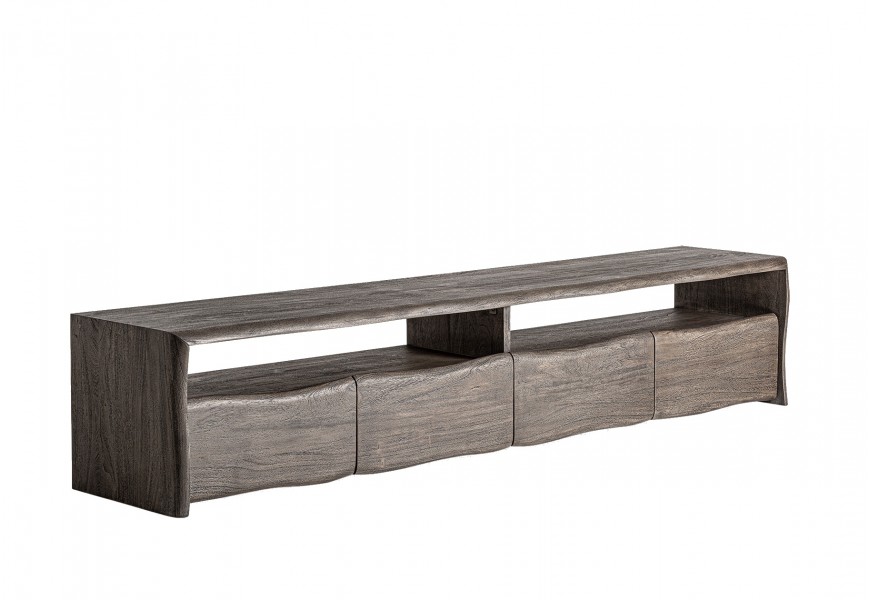 Luxusný masívny moderný hnedý televízny stolík Laro z akáciového dreva so zvlnenými čelami zásuviek a jemne lesklým povrchom