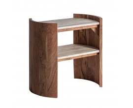 Luxusný oválny art deco príručný stolík Tivoi s travertínovou doskou a poličkou a hnedými nožičkami z mangového dreva 60 cm