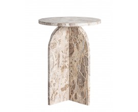 Luxusný art deco okrúhly mramorový béžový príručný stolík Teran s architektonickou podstavou v tvare kríža 56 cm