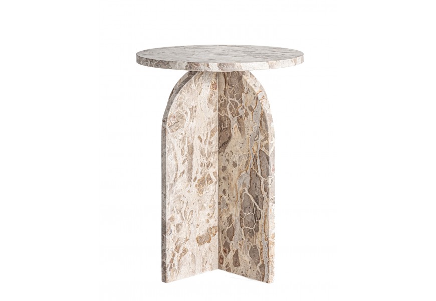Luxusný art deco príručný stolík Teran s okrúhlou mramorovou doskou v béžovej farbe a sochárskou podstavou so štyrmi nohami s oblúkovým tvarom