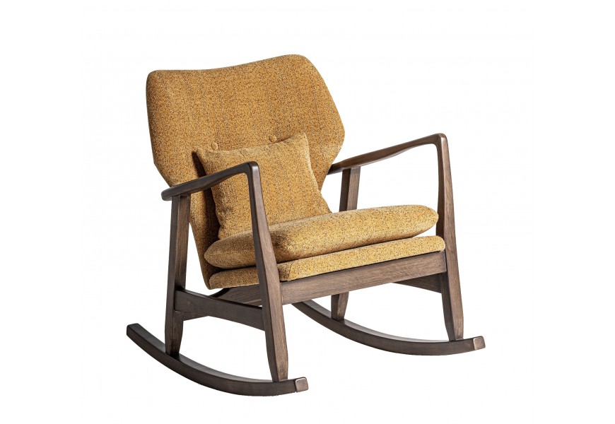 Luxusné moderné žlté čalúnené hojdacie kreslo Chiara s vysokou chrbtovou opierkou a vankúšom na opretie a sedenie s dekoratívnym prešívaním s okrúhlymi gombíkmi s rámom a bočnými opierkami z masívneho dreva v tmavej hnedej farbe