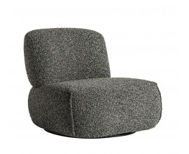 Luxusné dizajnové čalúnené kreslo Claude s čiernou okrúhlou podstavou a okrúhlou sedacou časťou s vertikálnym prešívaním na stranách s chrbtovou opierkou s poťahom z textilu s výraznou štruktúrou v zeleno-sivej melírovanej farbe