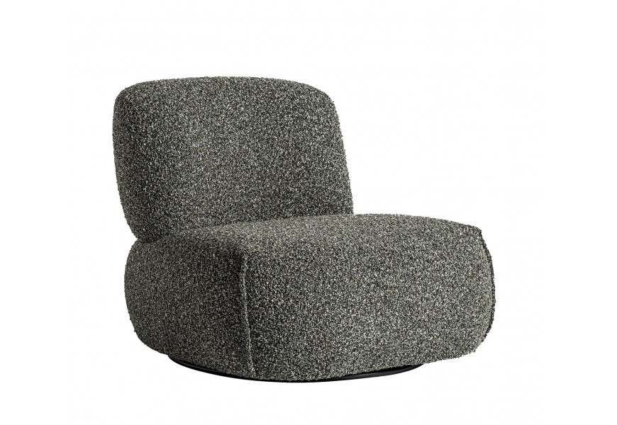 Luxusné dizajnové čalúnené kreslo Claude s čiernou okrúhlou podstavou a okrúhlou sedacou časťou s vertikálnym prešívaním na stranách s chrbtovou opierkou s poťahom z textilu s výraznou štruktúrou v zeleno-sivej melírovanej farbe