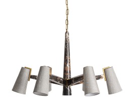 Luxusný glamour mramorový luster Glauton s konštrukciou so šiestimi ramenami v čiernej farbe s hnedým žilkovaním so šiestimi textilnými valcovitými tienidlami so zlatými detailmi a závesnou reťazou