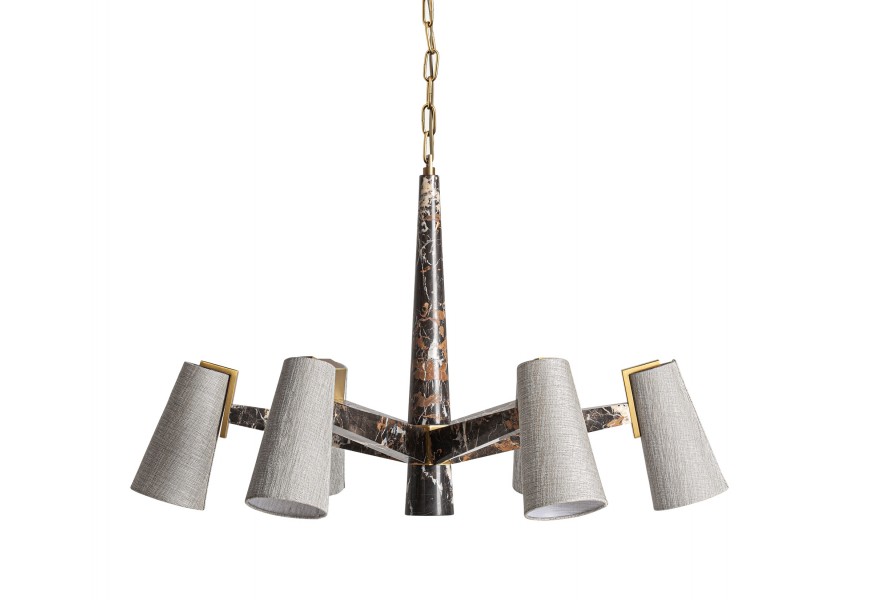 Luxusný glamour mramorový luster Glauton s konštrukciou so šiestimi ramenami v čiernej farbe s hnedým žilkovaním so šiestimi textilnými valcovitými tienidlami so zlatými detailmi a závesnou reťazou
