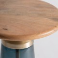 Luxusný glamour sklenený okrúhly príručný stolík Asuris s drevenou vrchnou doskou a modrou priehľadnou podstavou 52 cm