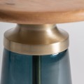 Luxusný glamour sklenený okrúhly príručný stolík Asuris s drevenou vrchnou doskou a modrou priehľadnou podstavou 52 cm