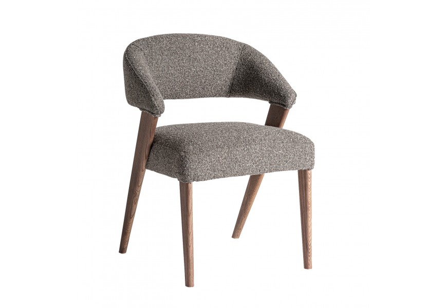 Luxusné moderné dizajnové jedálenské kreslo Fragonio s čalúnenou zaoblenou opierkou a sedacou časťou s poťahom z buklé v melírovanej sivej farbe s masívnymi drevenými nožičkami v naturálnej hnedej farbe s viditeľnou kresbou letokruhov