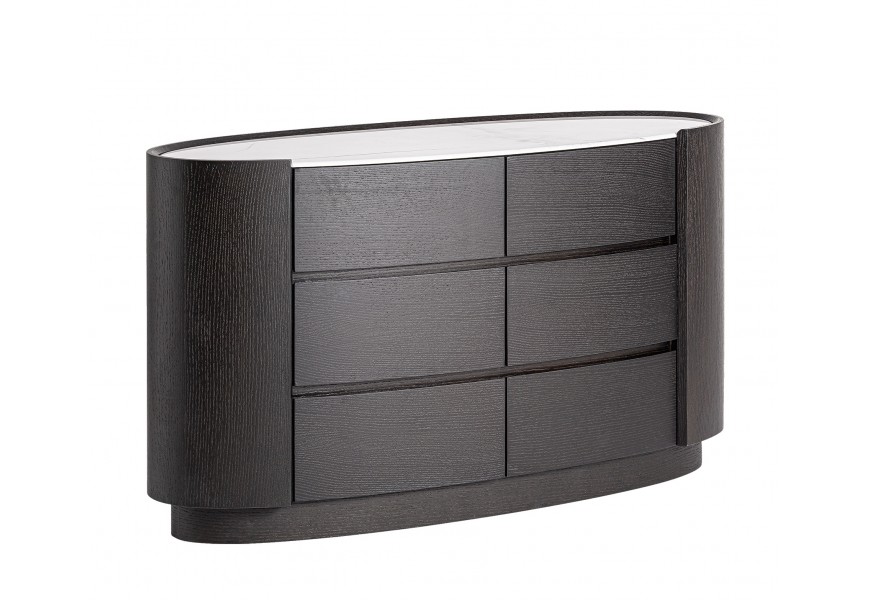 Luxusná dizajnová čierna komoda Sophiette s oválnou vrchnou mramorovou doskou v bielej farbe s tmavým žilkovaním a dreveným korpusov so šiestimi zásuvkami na nízkej oválnej podstave