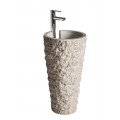 Luxusné moderné umývadlo Macadia v prírodnom štýle v sivej farbe z kameňa s naturálnou drsnou štruktúrou s okrúhlym pôdorysom a vysokým telom so zúženou spodnou časťou