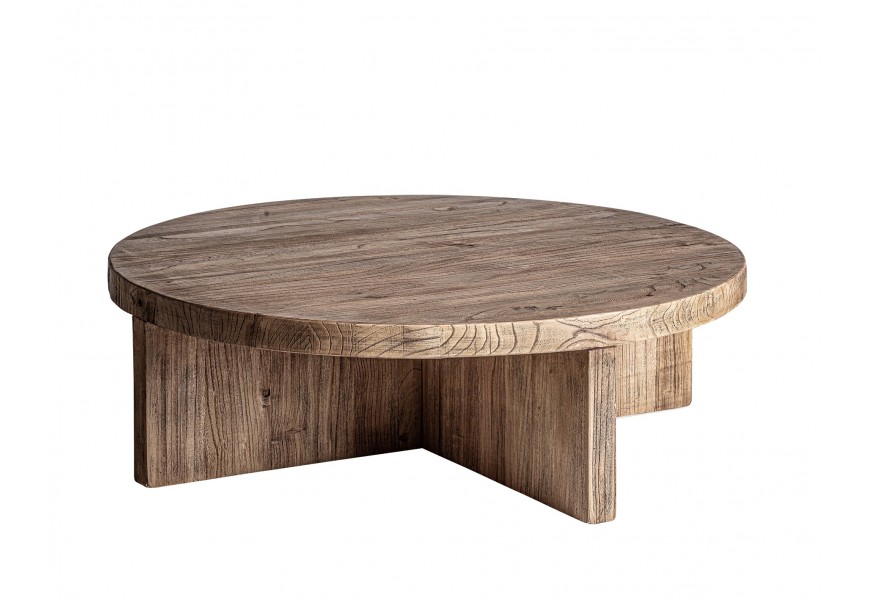 Luxusný vidiecky konferenčný stolík Alesund z masívneho dreva v naturálnej hnedej farbe s výraznou štruktúrou letokruhov s okrúhlou vrchnou doskou so štyrmi kolmými nohami