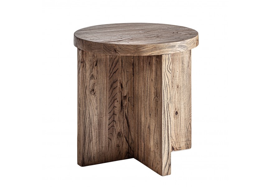 Luxusný masívny moderný príručný stolík Alesund z brestového dreva s okrúhlou vrchnou doskou a štyrmi geometrickými plnými nohami obdĺžnikového tvaru v naturálnej svetlej hnedej farbe s výraznou kresbou letokruhov