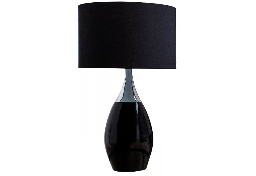 Moderná stolová lampa s čiernym valcovým tienidlom a lesklým keramickým podstavcom v tvare kvapky