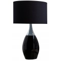 Moderná stolová lampa s čiernym valcovým tienidlom a lesklým keramickým podstavcom v tvare kvapky