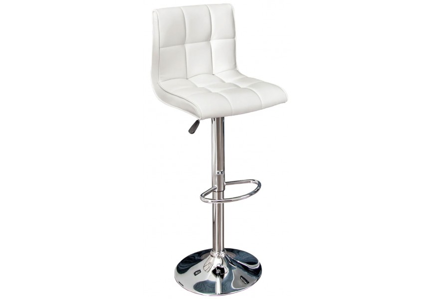 Moderná biela barová stolička s čalúneným sedadlom a operadlom s prešívaným vzorom na výškovo nastaviteľnej chrómovej podstave s opierkou na nohy