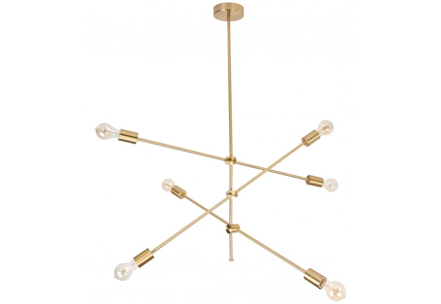 Moderný stropný luster zo zlatého kovu s odkrytými žiarovkami a asymetrickým dizajnom v štýle mid-century