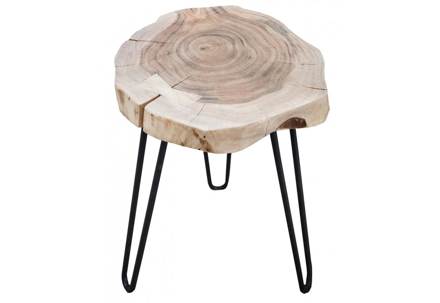 Vidiecky okrúhly príručný stolík z masívneho akáciového dreva s prirodzenou kresbou a tromi čiernymi kovovými nožičkami