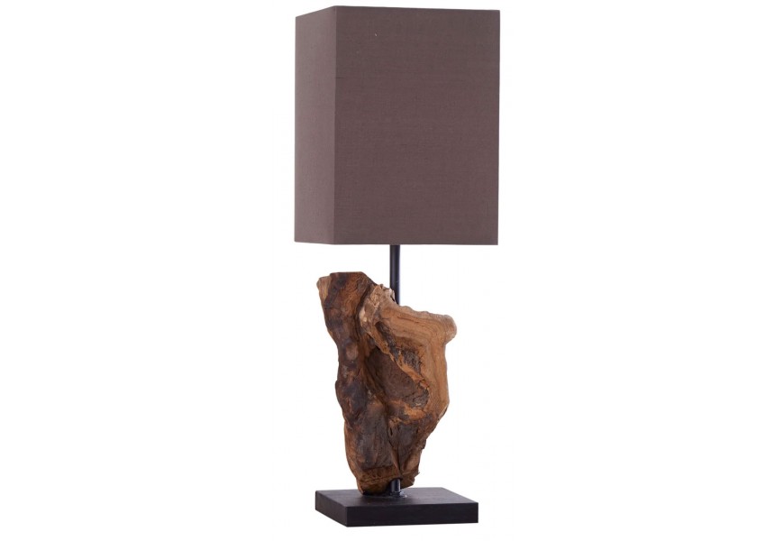 Luxusná stolná lampa s hranatým textilným tienidlom v tmavohnedej farbe a podstavcom z masívneho dreva na čiernej základni