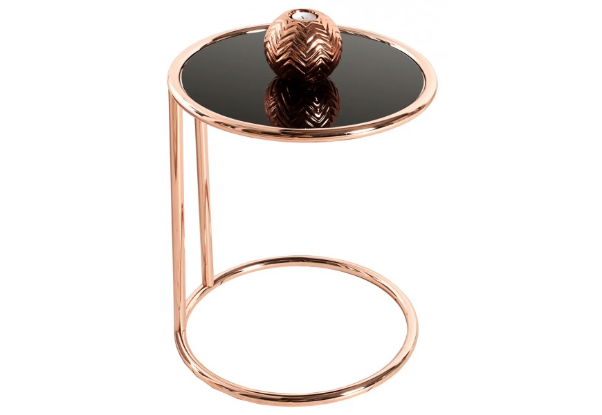 Glamour okrúhly príručný stolík s kovovou konštrukciou v odtieni ružového zlata s čiernou doskou