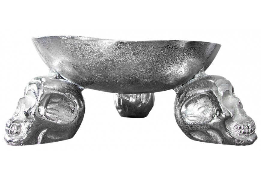 Strieborná dekoračná misa s trojicou lebkových podstavcov v lesklom metalickom prevedení na originálne stolové aranžovanie