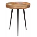 retro okrúhly príručný stolík s masívnou drevenou doskou v prírodnom odtieni a tromi čiernymi kovovými nožičkami