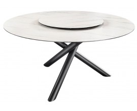 Dizajnový okrúhly jedálenský stôl Siam s bielou mramorovou vrchnou doskou s otočným tanierom v strede 150 cm