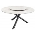 Moderný okrúhly jedálenský stôl s bielou mramorovou doskou a otočným stredovým podnosom na čiernej kovovej trojnohej podnoži