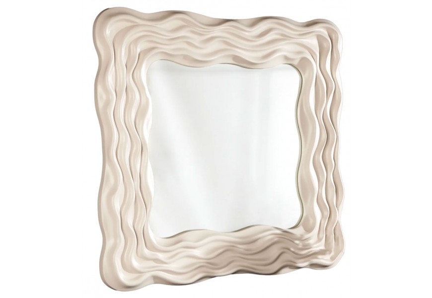 Art deco štvorcové zrkadlo s vlnitým rámom v krémovej farbe