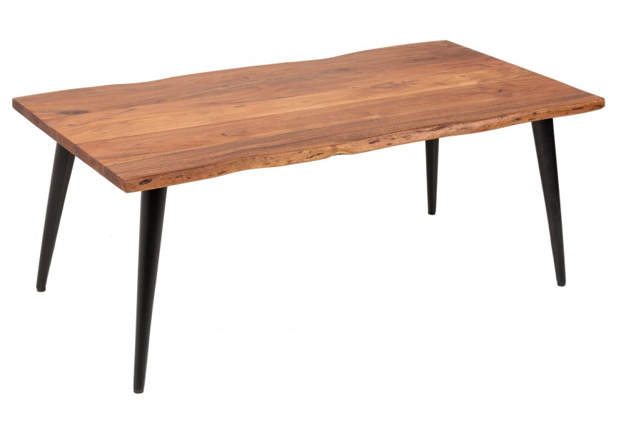 Vidiecky industriálny obdĺžnikový stôl s doskou z masívneho akáciového dreva a čiernymi kovovými nožičkami