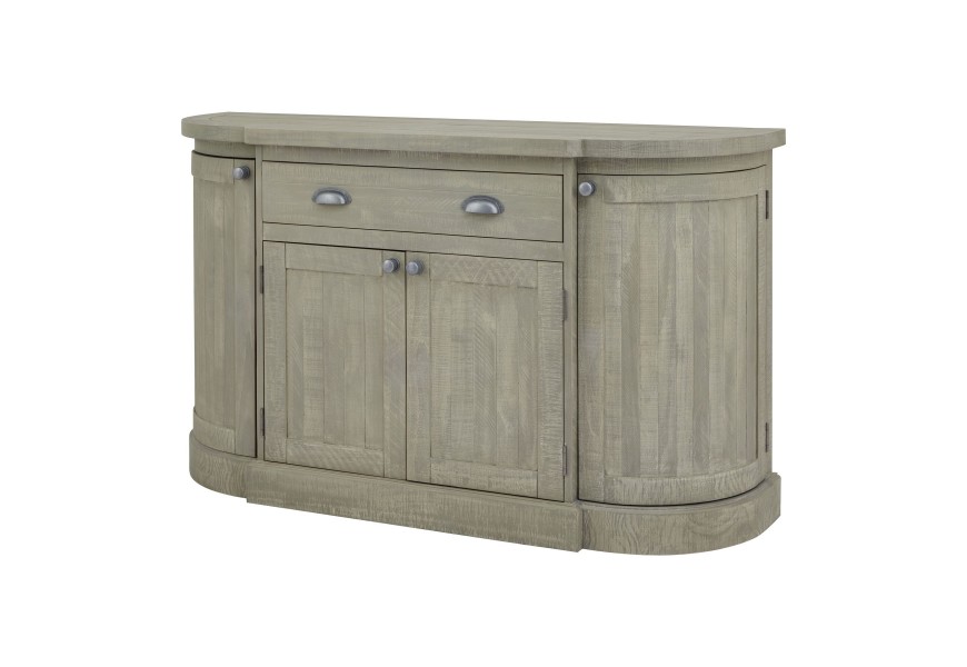 Luxusný vidiecky oválny sivý príborník Alder so štyrmi dvierkami a kovovými úchytkami a frézovaným lamelovým vzorom 153 cm