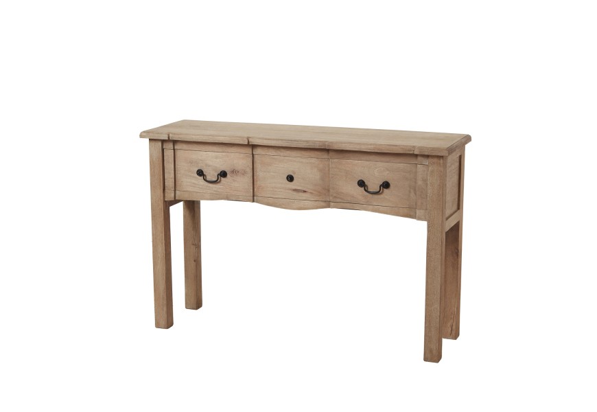 Luxusný vidiecky masívny konzolový stolík Antiquites Francaises s obdĺžnikovou vrchnou doskou a zásuvkou s tmavými kovovými úchytkami s vyrezávaným zdobením na fasáde so štyrmi nožičkami z masívneho dreva v naturálnej hnedej farbe so starožitným efektom vymytého náteru