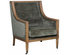 Luxusné klasické kreslo Murray s olivovo zeleným zamatovým poťahom a hnedým vyrezávaným dreveným rámom s dvomi kolieskami 77 cm