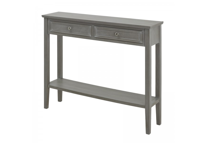 Luxusný vidiecky sivý obdĺžnikový konzolový stolík Elmont s dvoma zásuvkami a spodnou policou s elegantnou patinou 110 cm