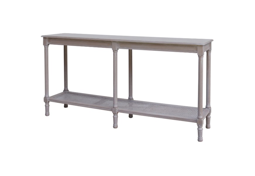 Luxusný vidiecky sivý konzolový stolík Elmont z masívneho dreva so spodnou policou z ratanového viedenského výpletu 160 cm