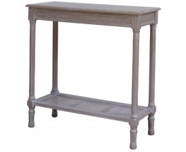 Luxusný vintage drevený konzolový stolík Elmont s úzkou sivou doskou vyrezávanými nohami a spodnou policou z prírodného ratanu s viedenským výpletom