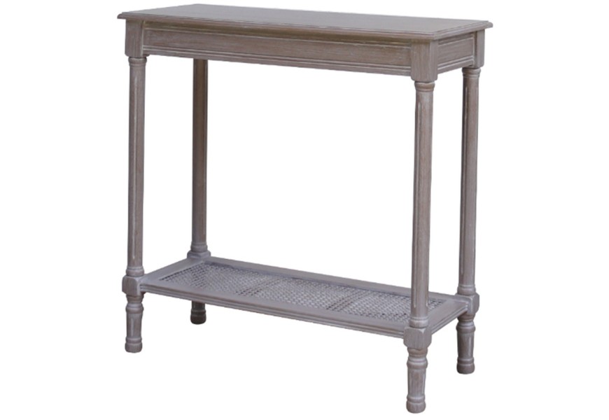 Luxusný vintage drevený konzolový stolík Elmont s úzkou sivou doskou vyrezávanými nohami a spodnou policou z prírodného ratanu s viedenským výpletom