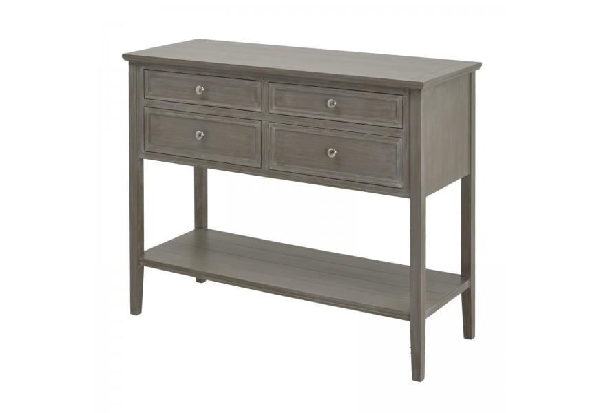 Luxusný vintage sivý konzolový stolík Elmont z dreva so štyrmi zásuvkami s kovovými úchytkami spodnou policou a štíhlymi nohami